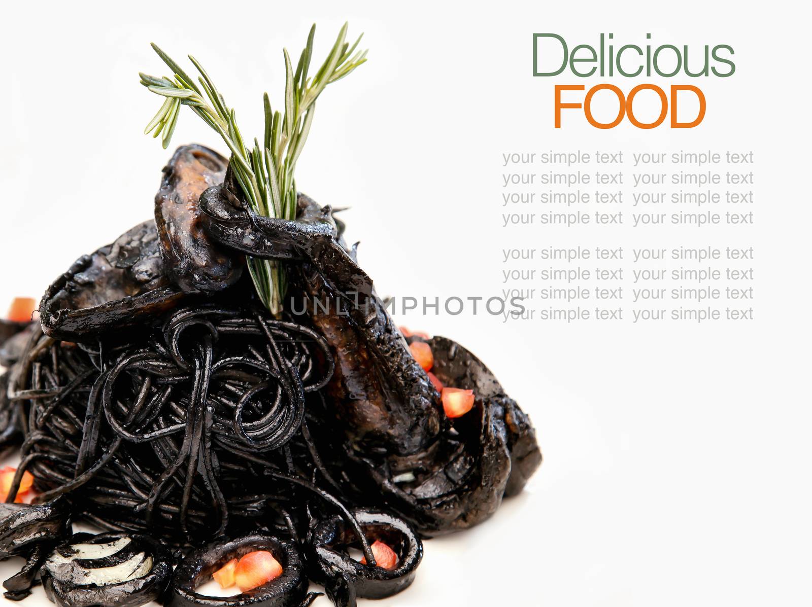 Italian cuisine squid ink spaghetti and seafood.