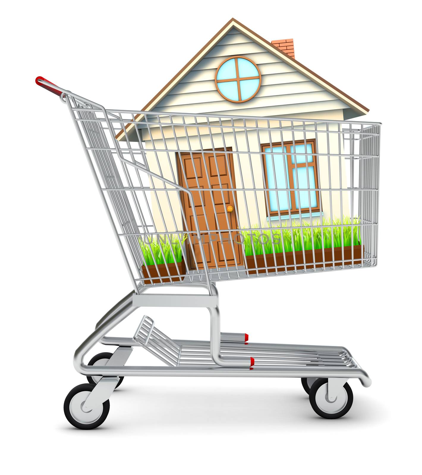 House in shopping cart on isolated white background