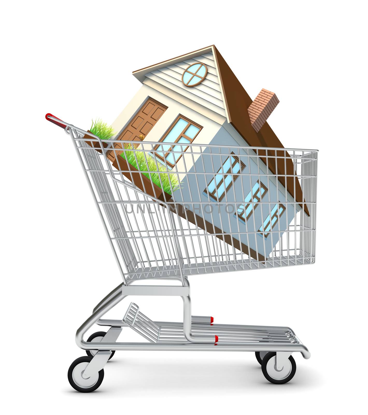 House in shopping cart on isolated white background