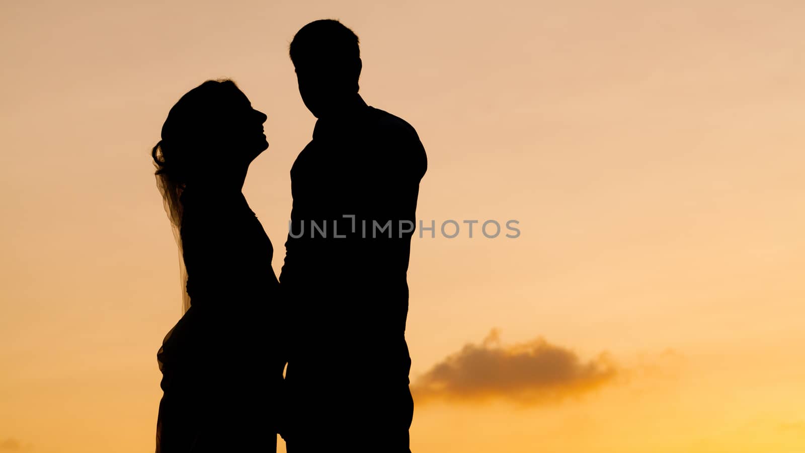 Silhouettes of bride and groom kissing at  sunset. by kerdkanno
