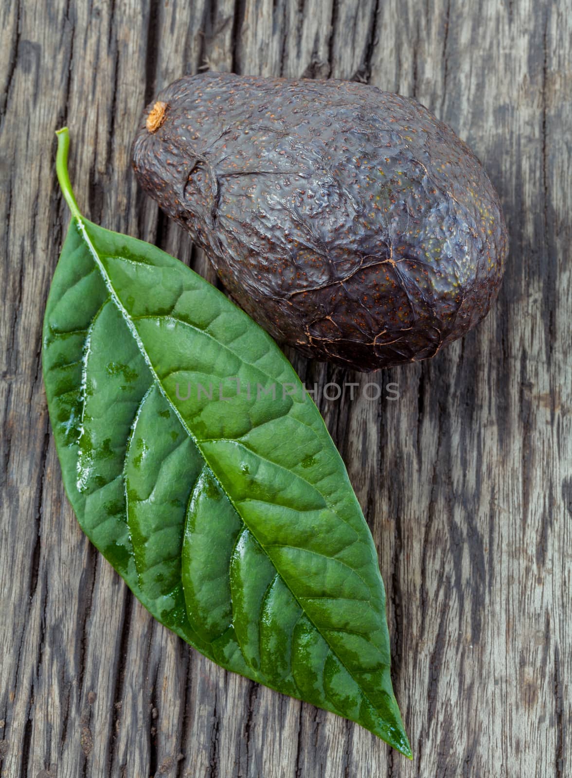 Fresh avocado with leaf put on wooden board - in macro shot.