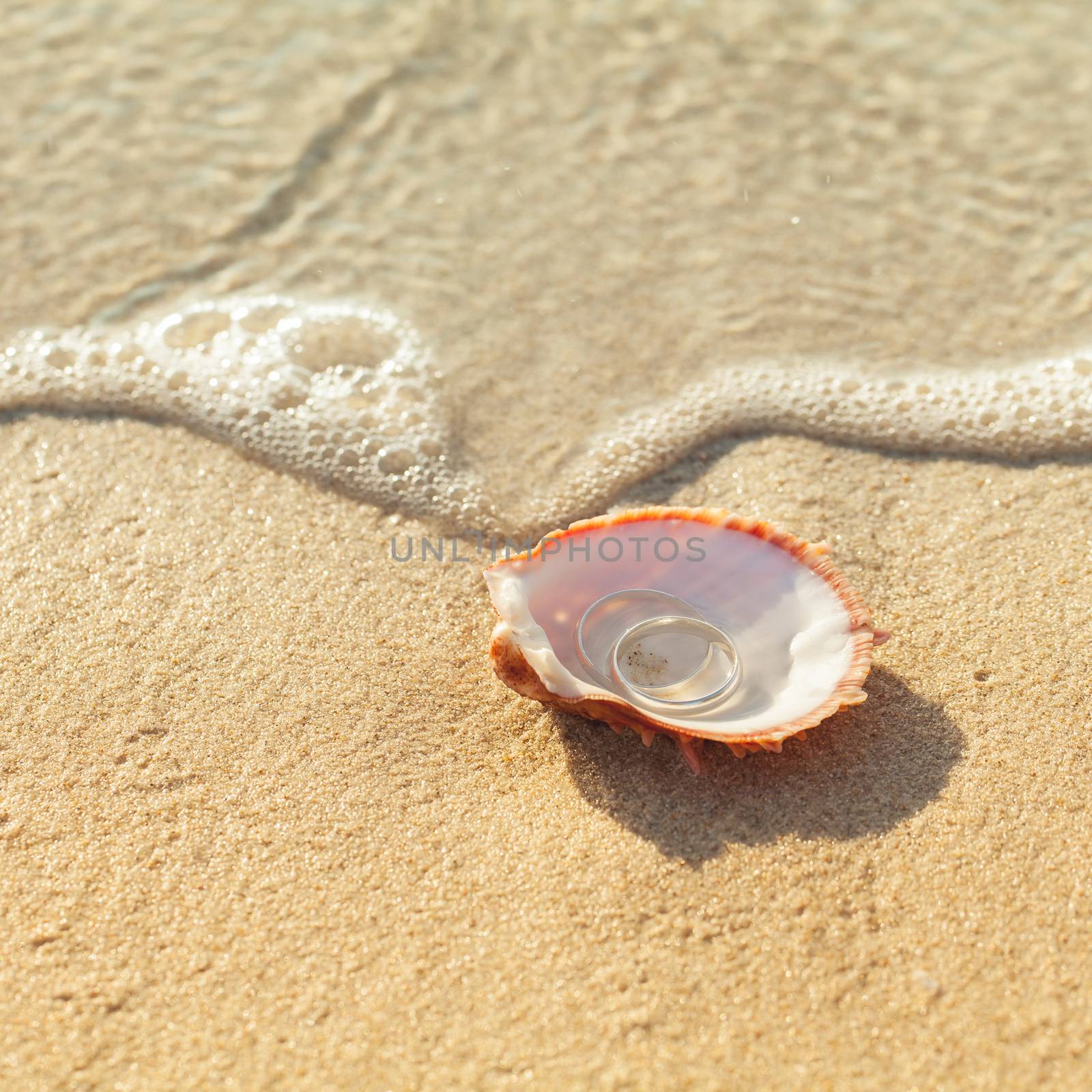 Wedding rings put on the beachside.