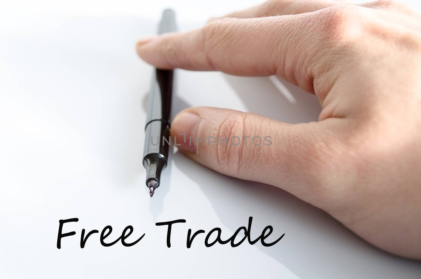 Pen in the hand isolated over white background and text concept