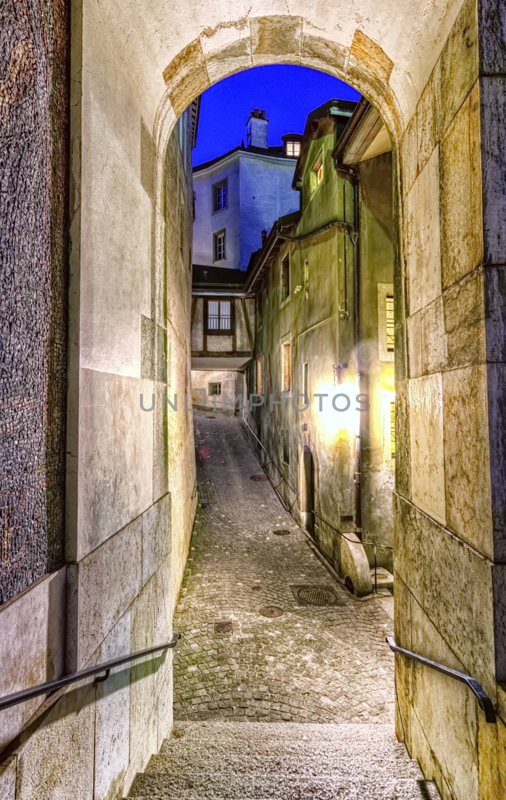 Street and stairs in old city by night, Geneva, Switzerland