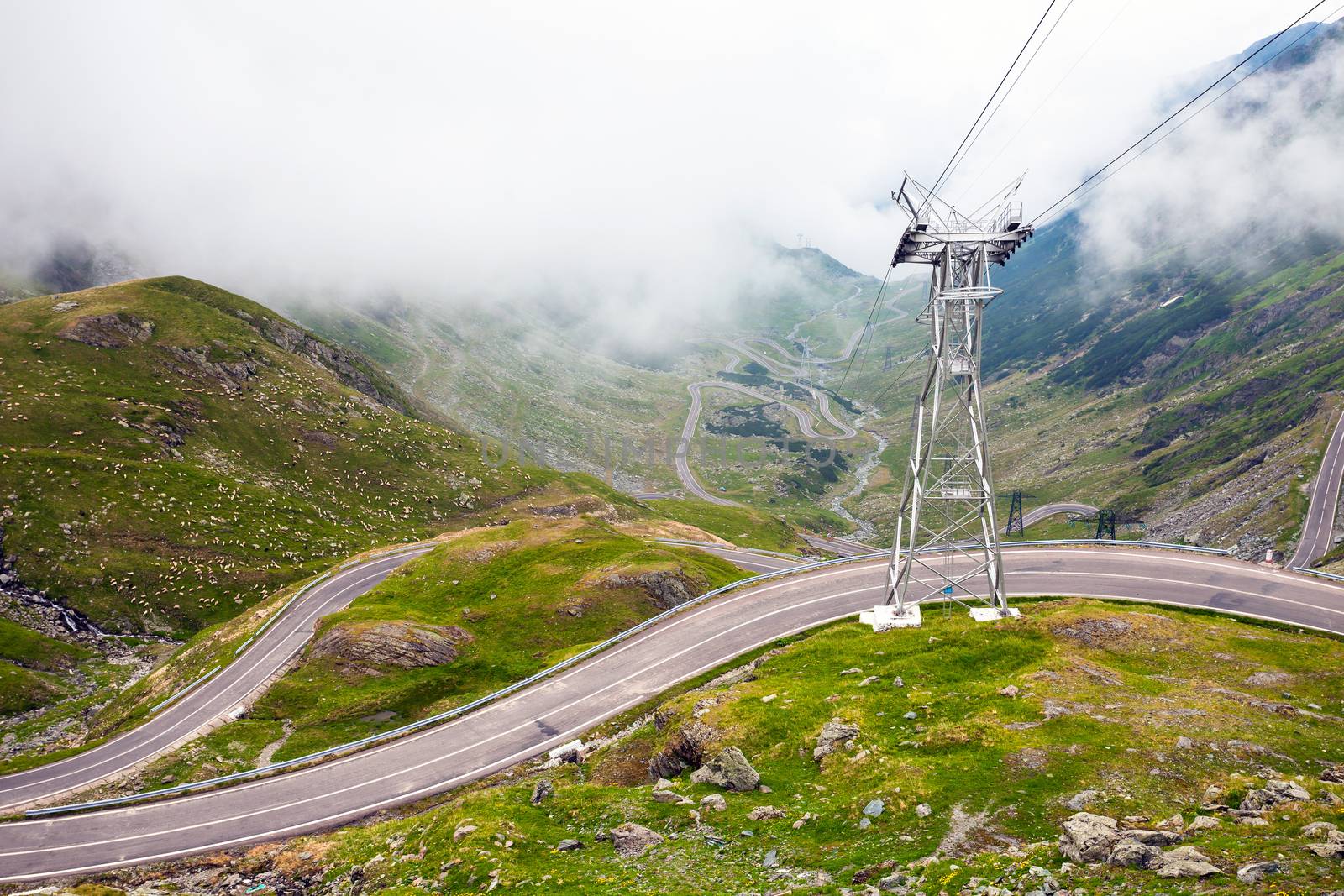 Transfagarasan mountain road with from Romania covered with fog