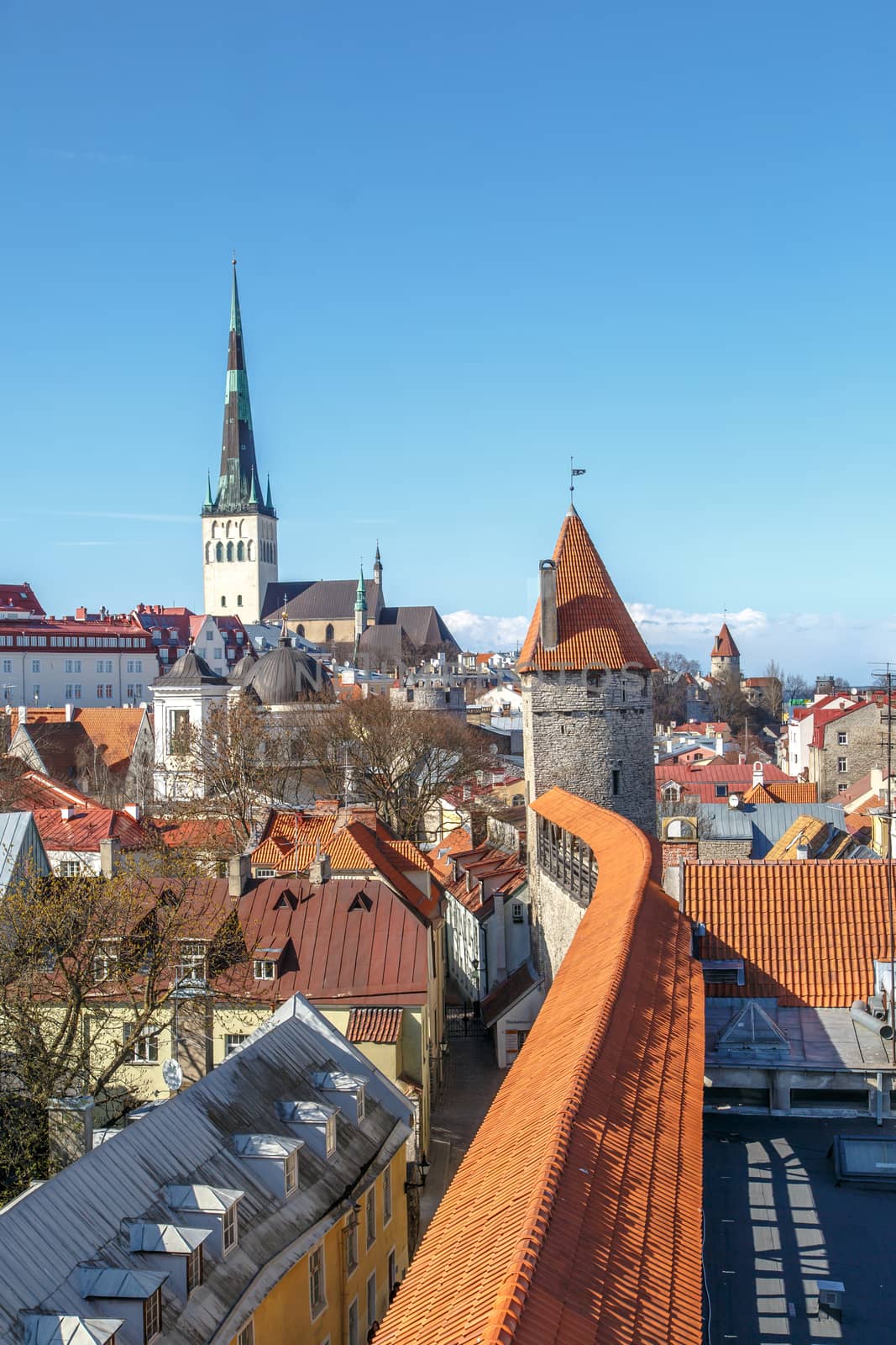 TALLINN, ESTONIA - APRIL 25, 2015 : Close up view of the observation deck of Tallinn Walls in Estonia, ancient stone fortress from medieval time, on blue sky background.
