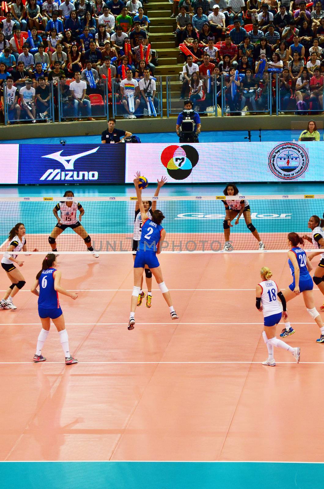 Bangkok, Thailand - July 3, 2015: Drpa #2 of Serbia spikes during the FIVB Volleyball World Grand Prix Thailand by siraanamwong