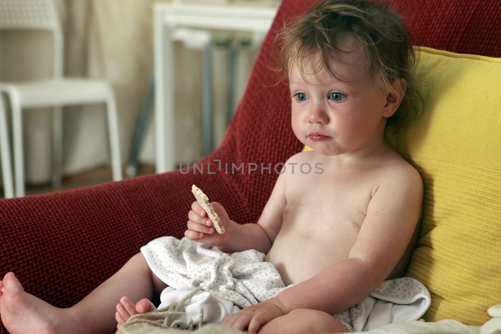 Cute little girl with cookies at home