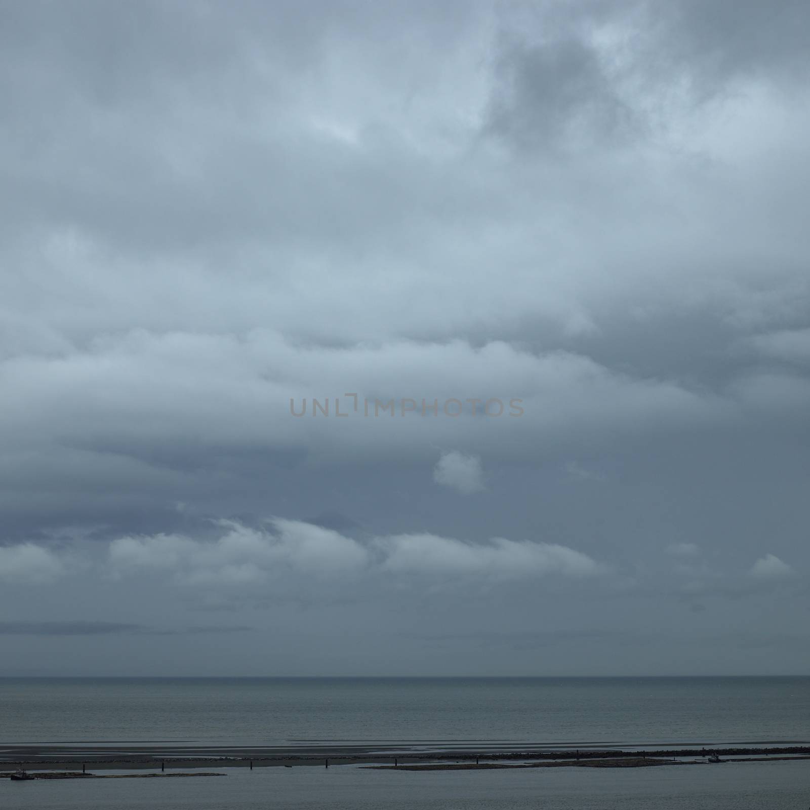 Dark stormy sky over log covered ocean