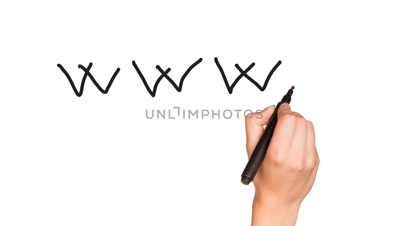 Human hand writing web address on holographic white screen