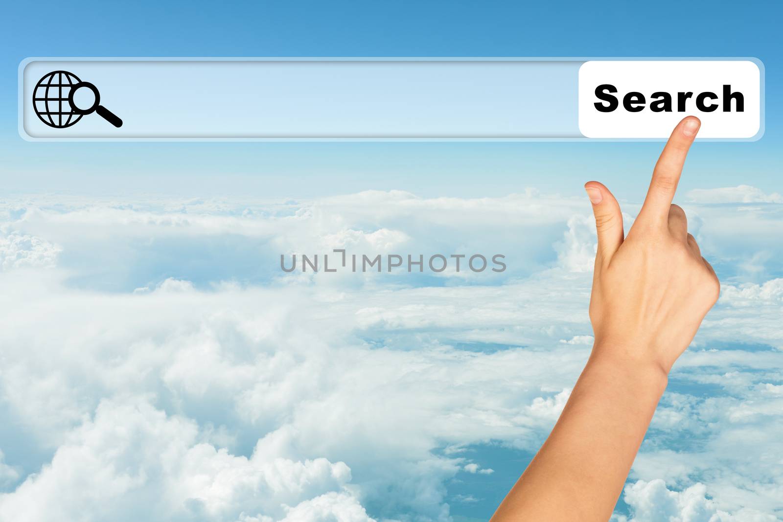 Humans hand on blue sky background with browser 