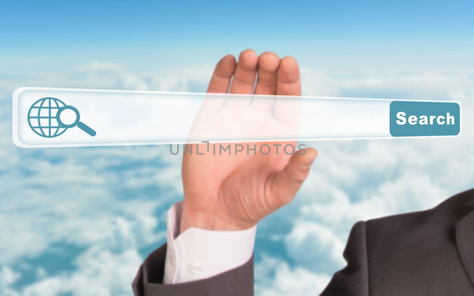 Businessmans hand holding browser on blue sky background