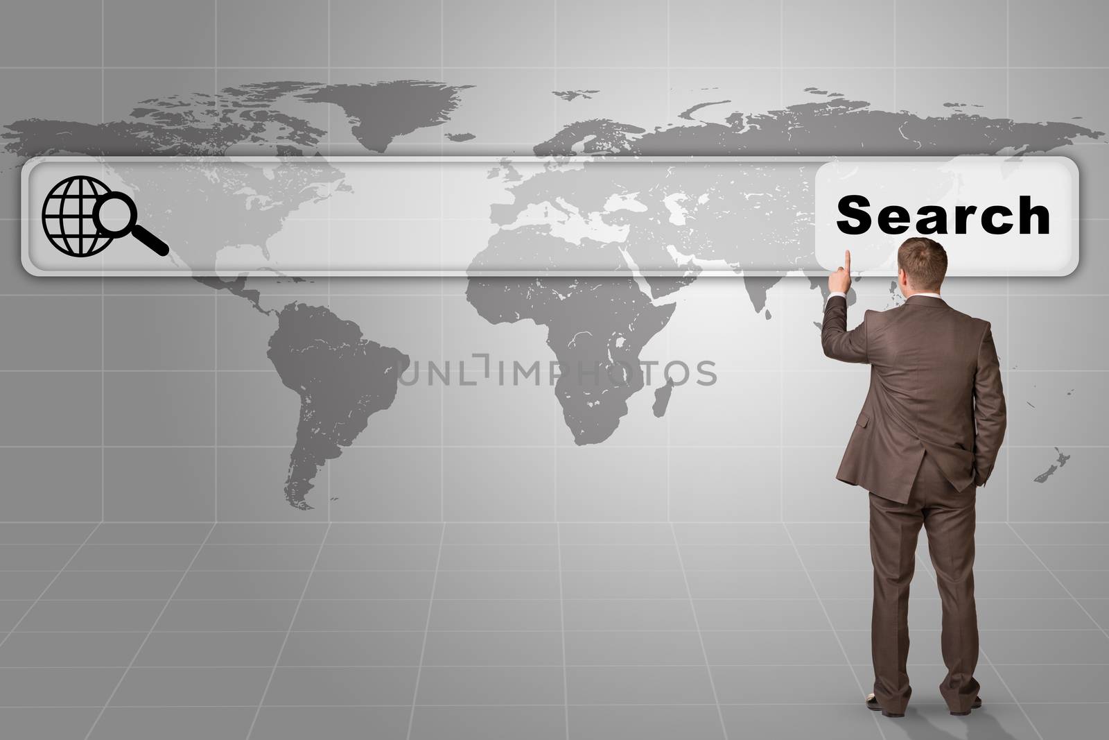 Businessman standing and pressing on browser on abstract grey background with world map, rear view