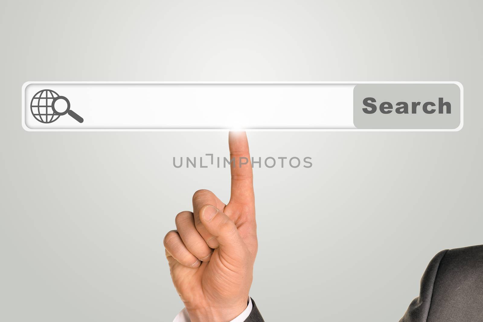 Businessmans hand on grey background with browser