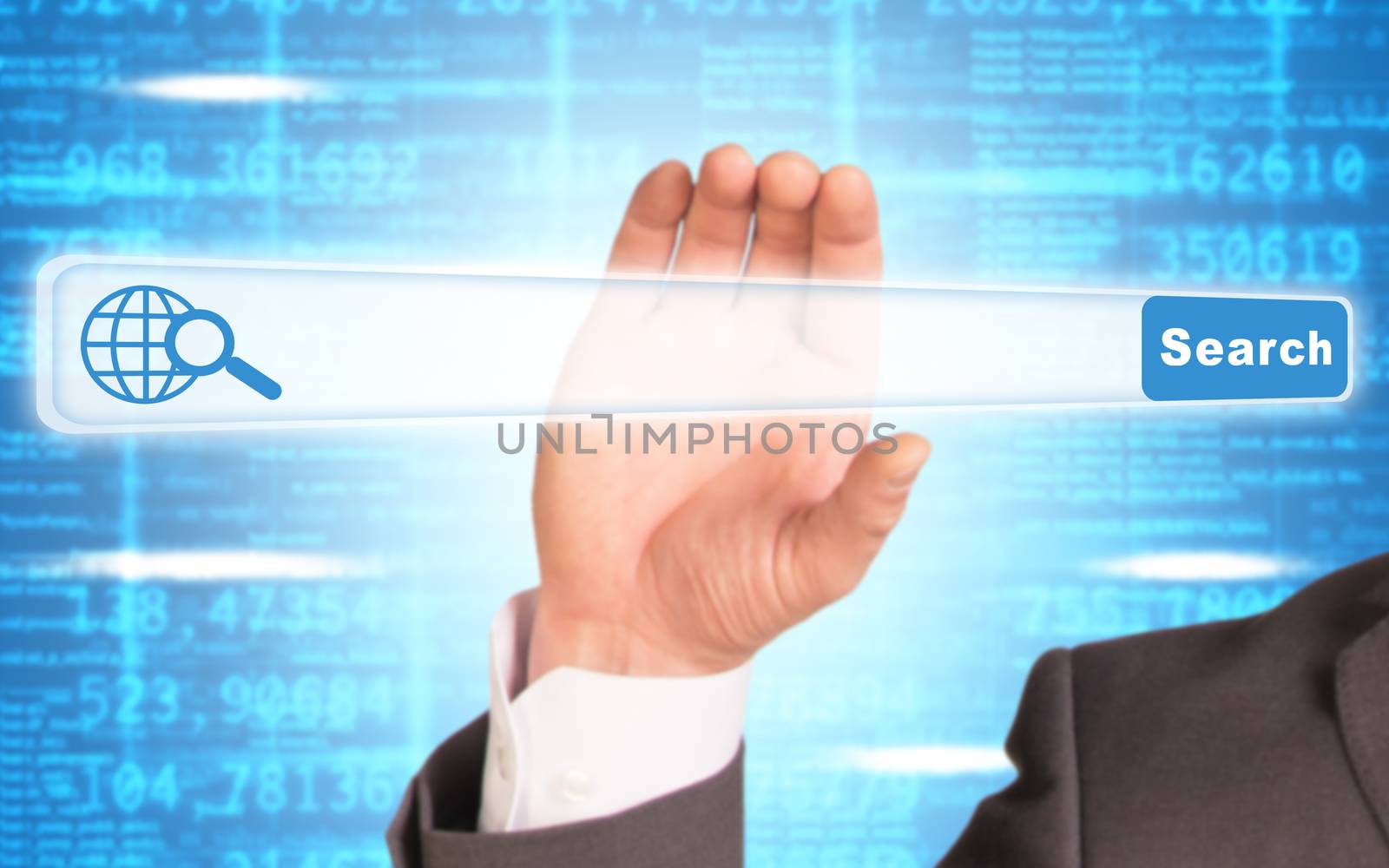 Businessmans hand holding browser abstract blue background with numbers