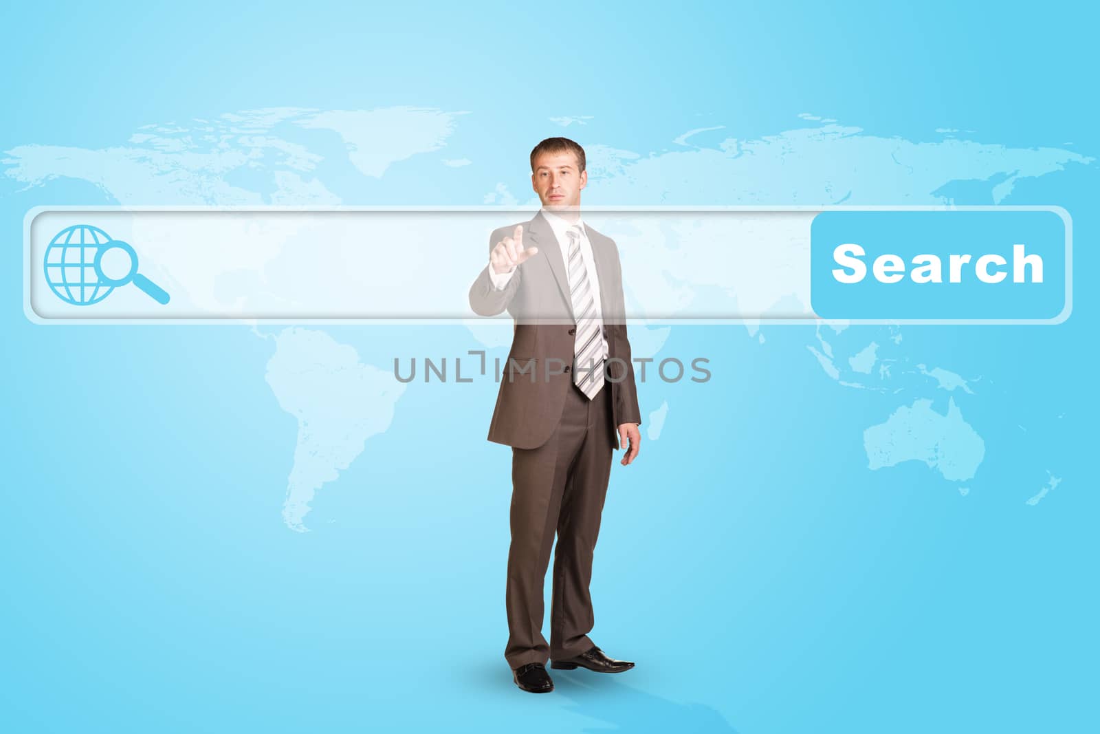 Businessman standing and pressing on holographic screen on abstract blue background with world map