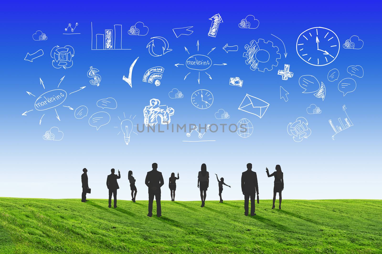 Set of business people silhouettes on abstract background