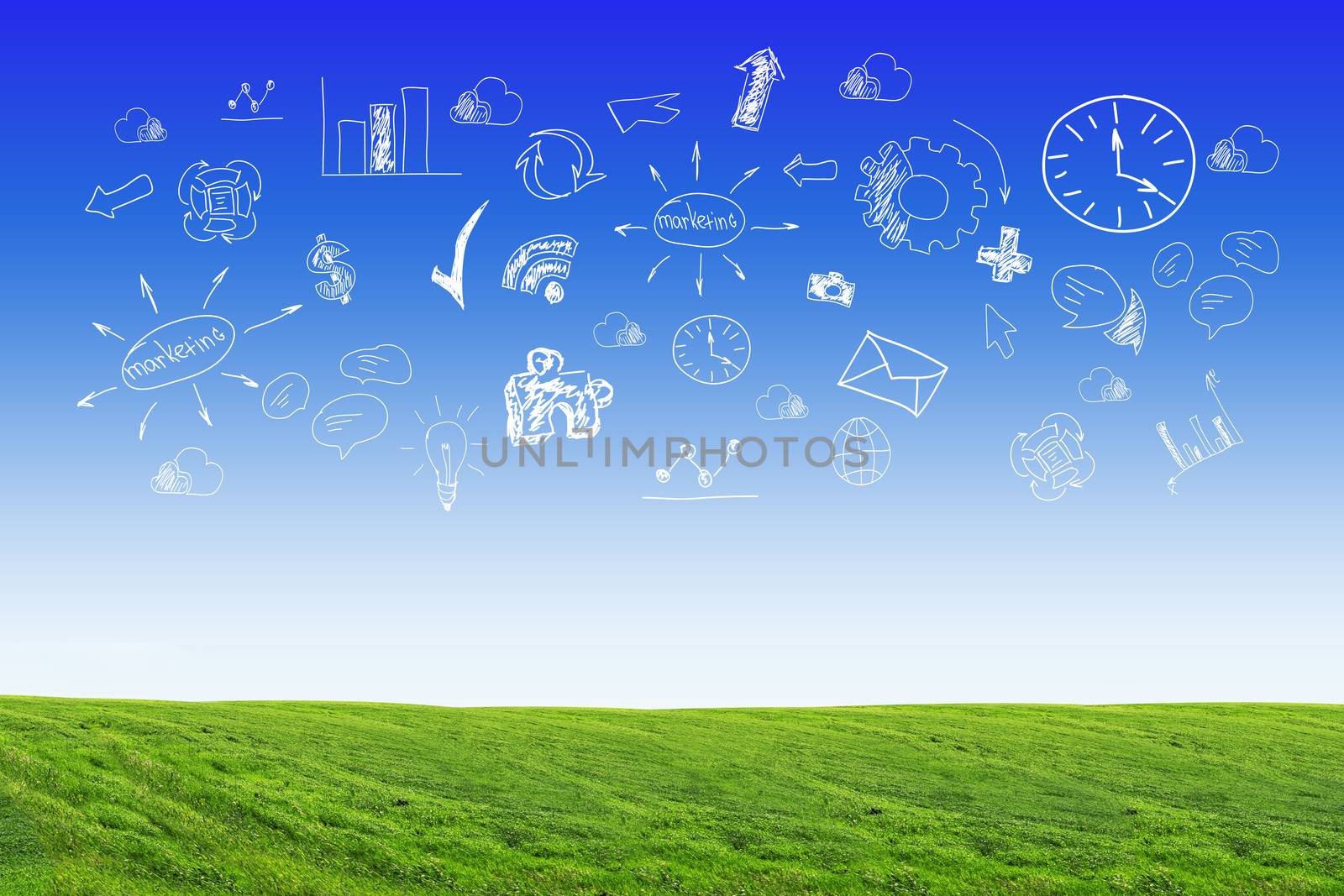 Abstract background with green grass and different symbols