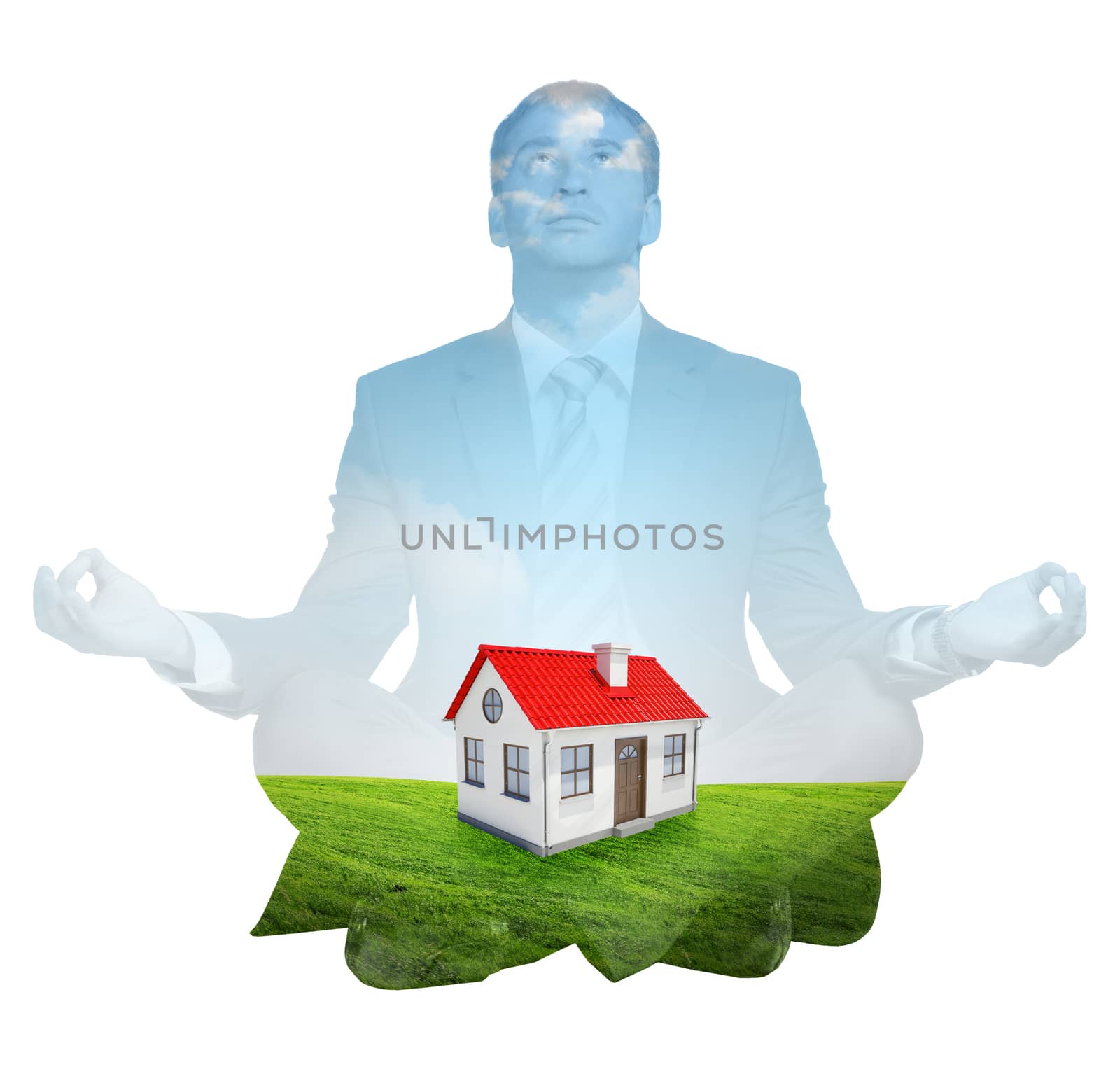 Transparent silhouette of businessman sitting in lotus posture and looking up on isolated white background
