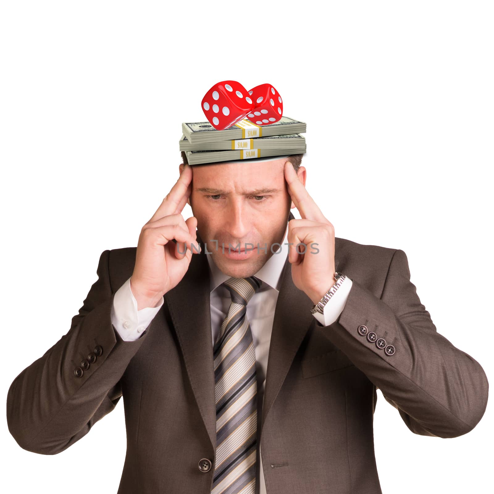 Thoughtful businessman looking down with money in his head on isolated white background