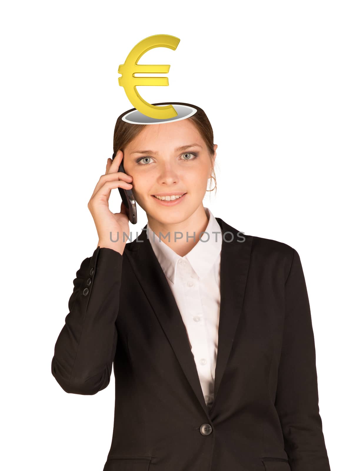 Businesslady with euro sign in her head looking at camera and talking on phone on isolated white background