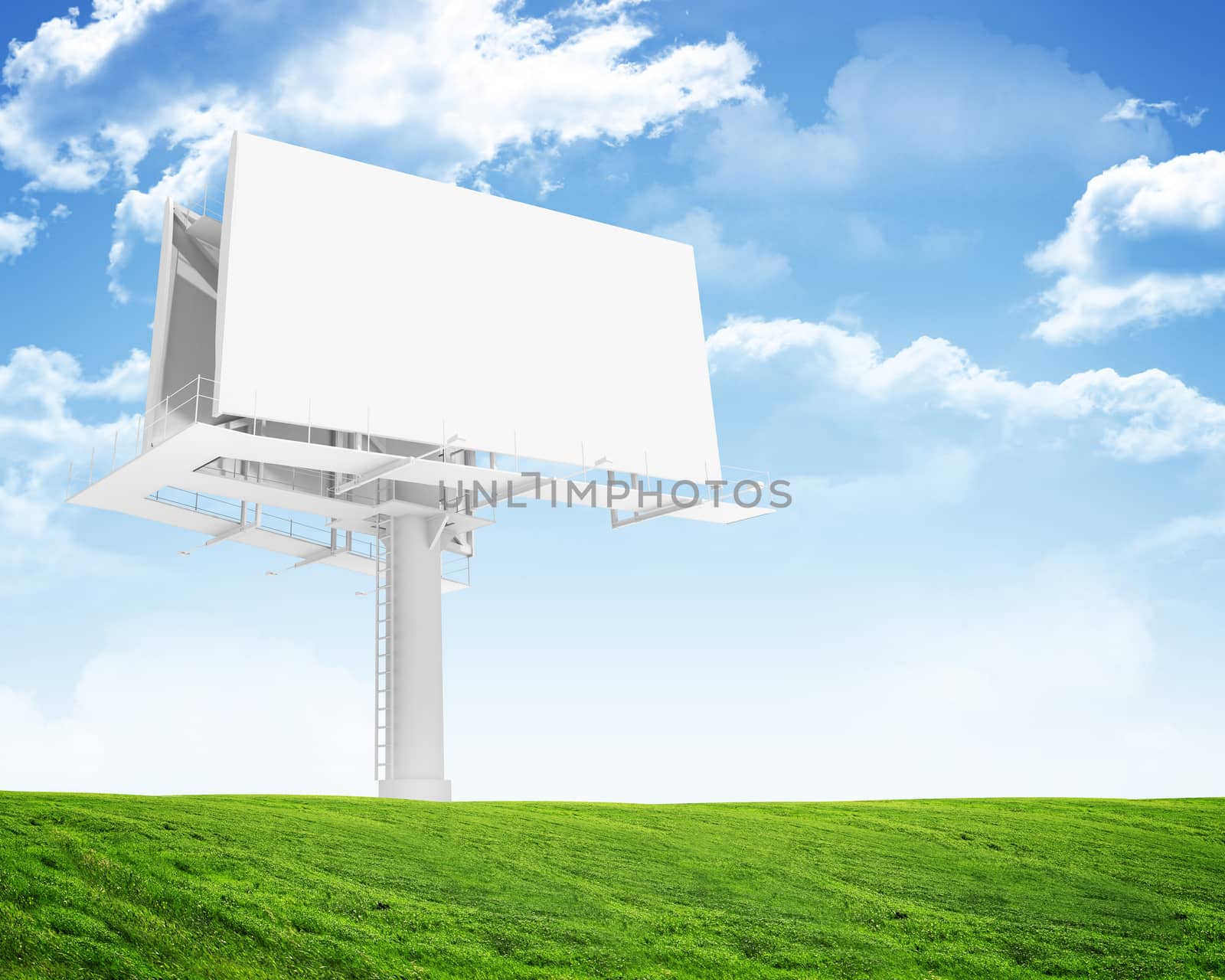 Blank billboard on nature background with green grass and blue sky