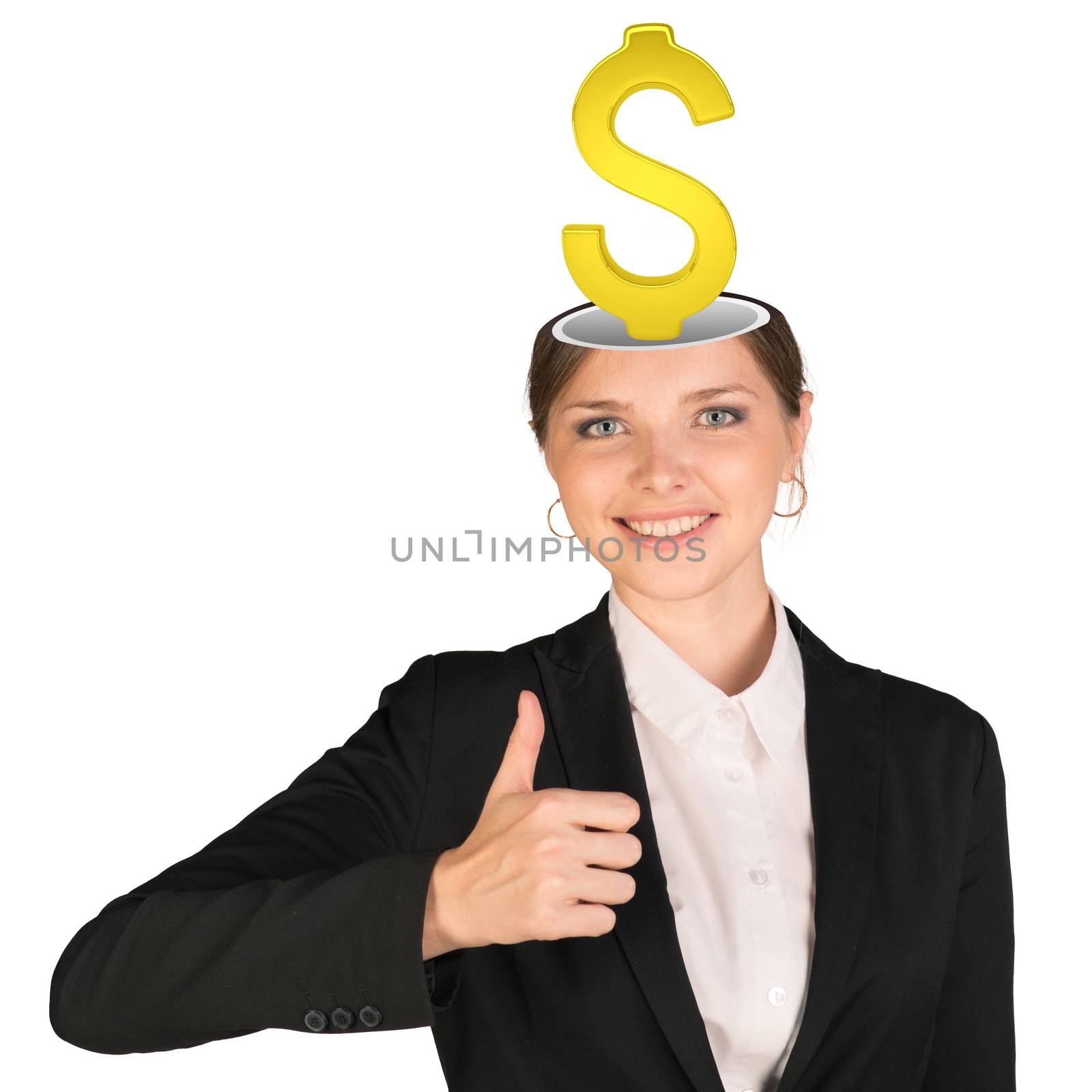 Smiling businesslady with dollar sign in her head looking at camera and showing ok on isolated white background
