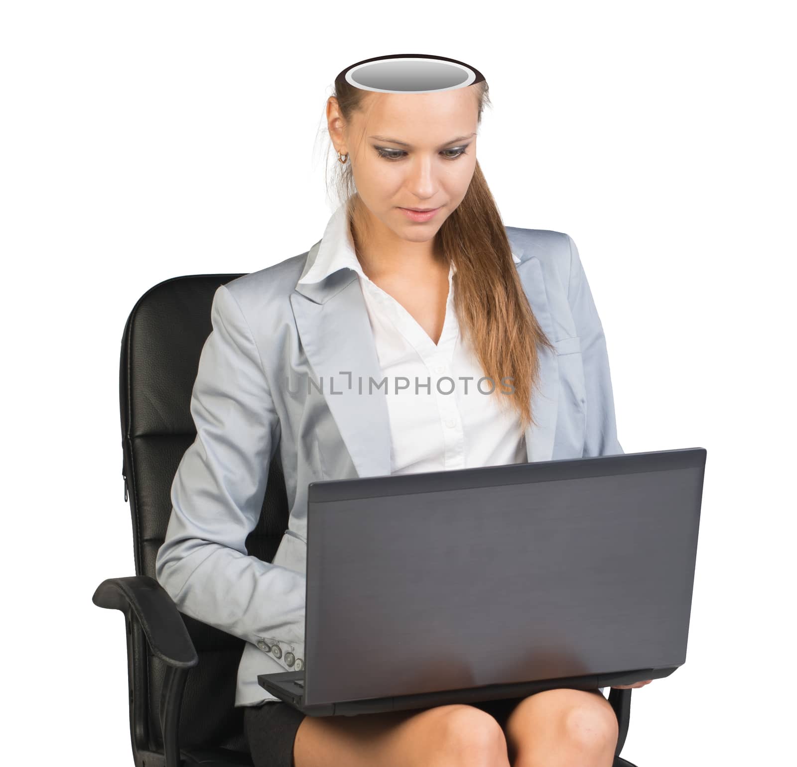 Sitting businesslady with empty head and holding laptop on isolated white background