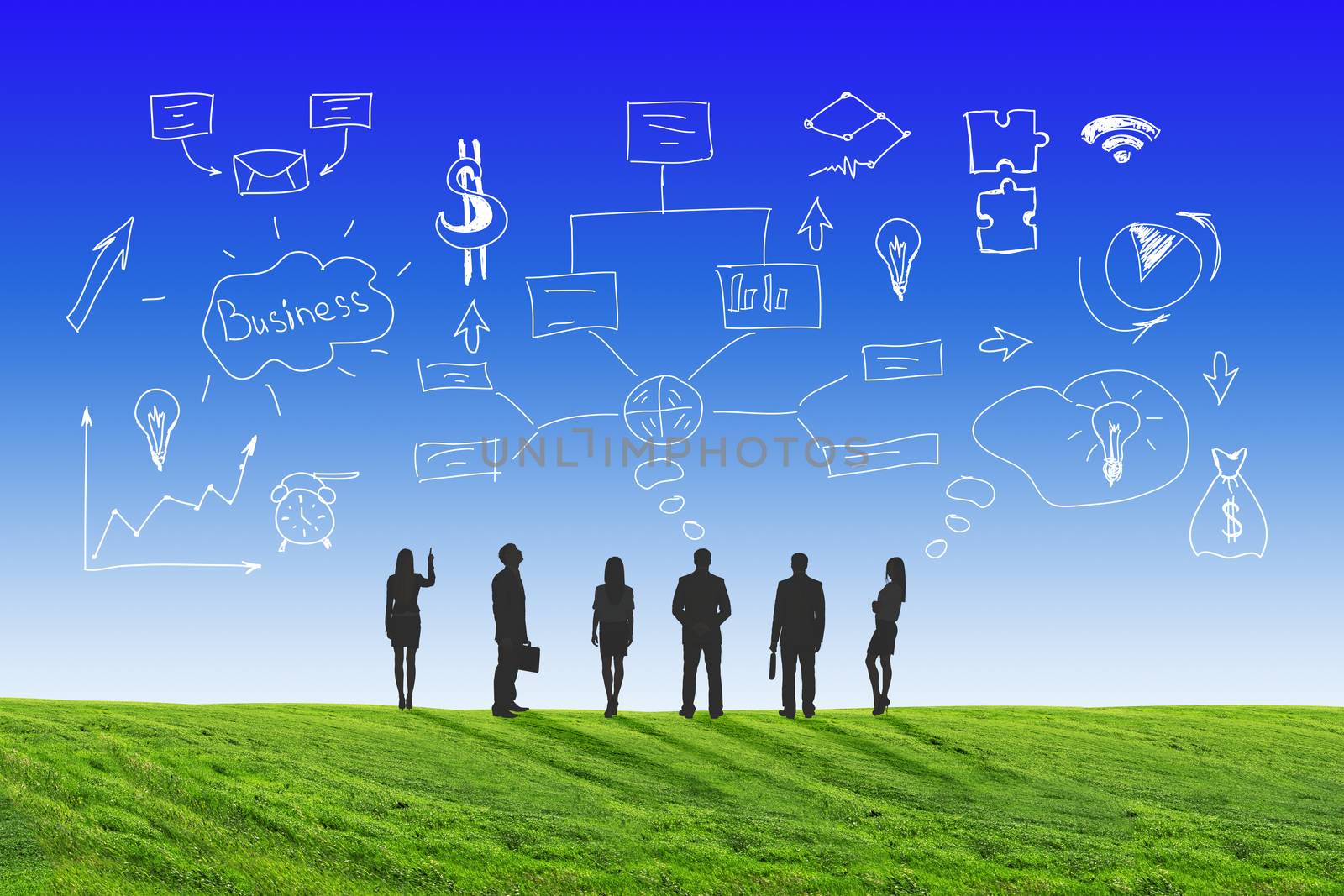 Set of business people silhouettes standing in different postures on nature background with symbols