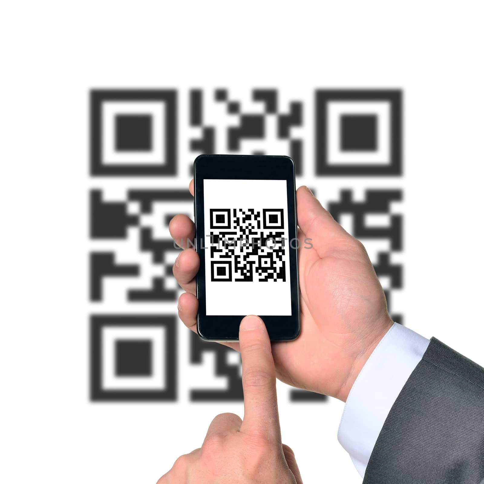Businessman using smartphone with QR-code on isolated white background with code