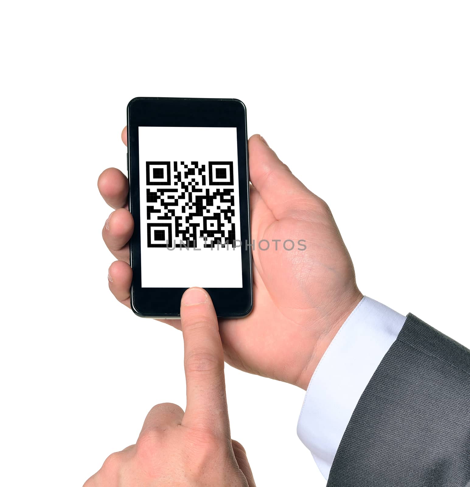 Businessman touching smartphone with QR-code on isolated white background