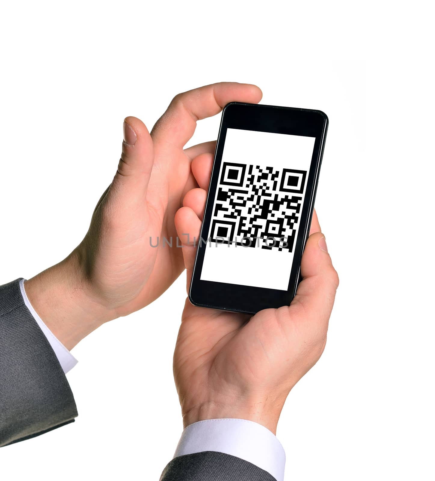 Businessmans hands holding smartphone with QR-code on isolated white background