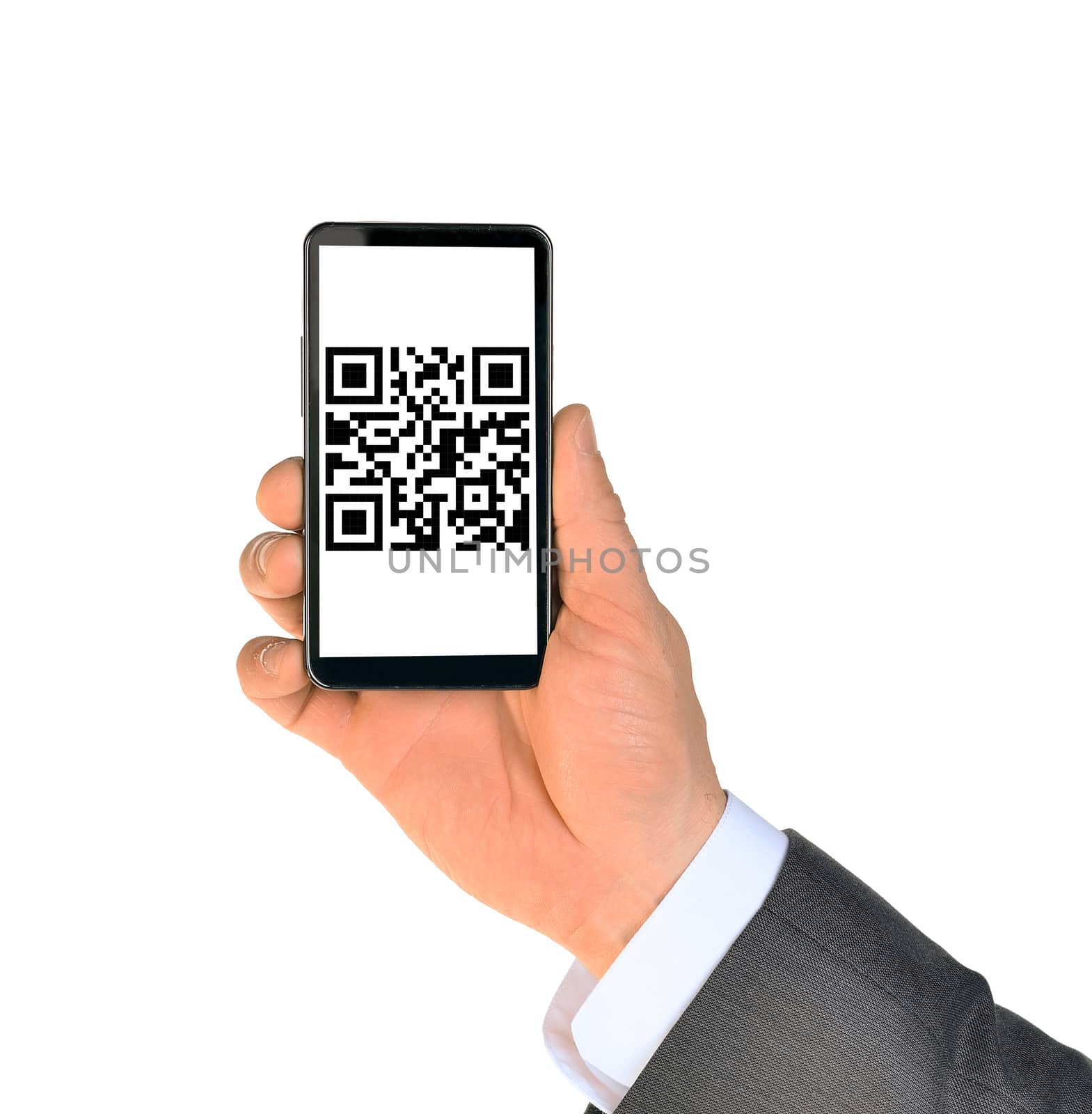 Businessmans hand showing smartphone with QR-code on isolated white background 