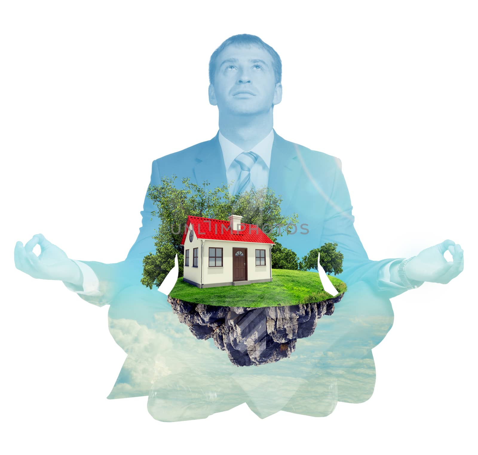 Transparent silhouette of businessman in lotus posture and looking up on isolated white background