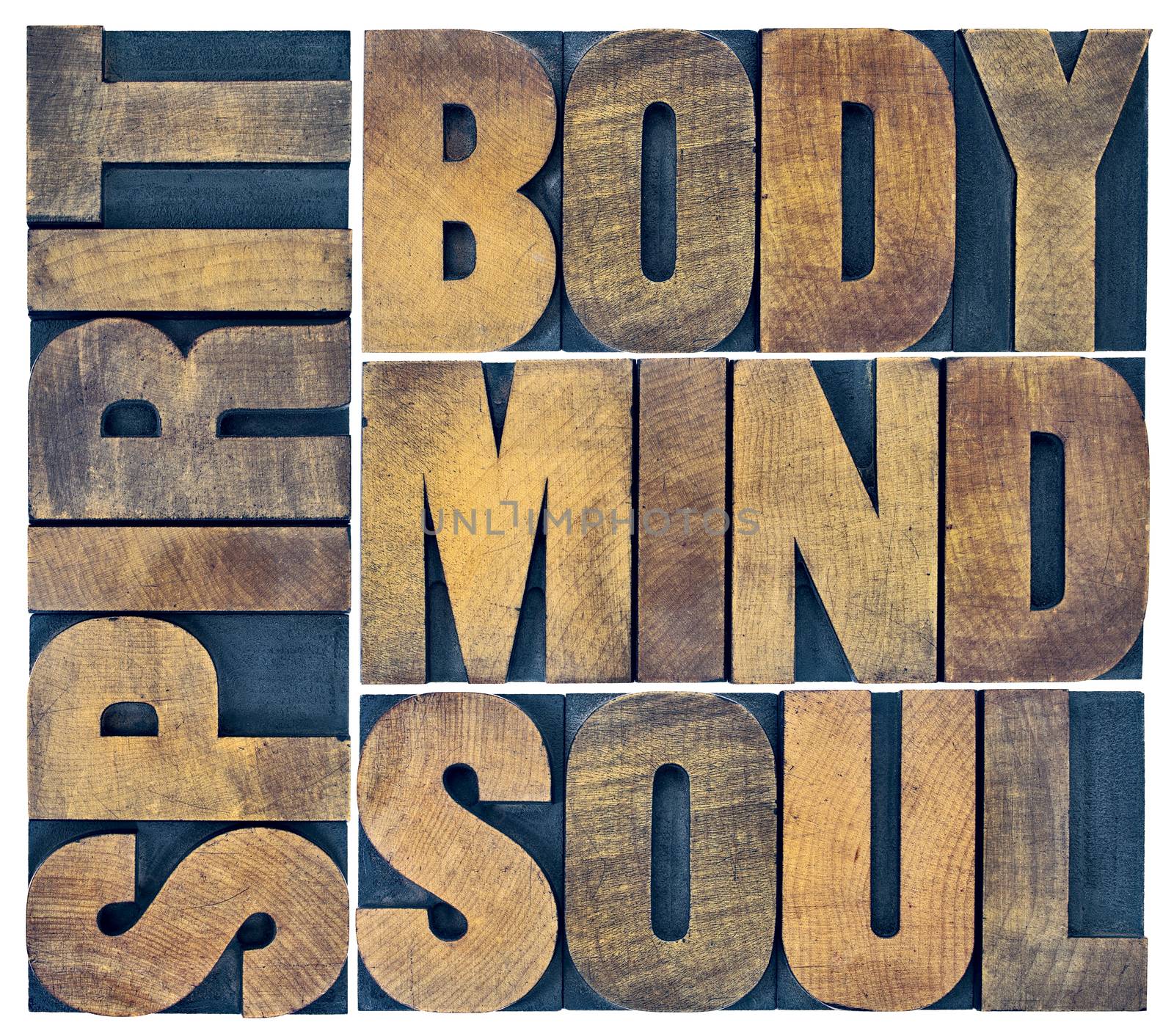 body, mind, soul and spirit word abstract - a collage of isolated text in vintage grunge wood letterpress printing blocks