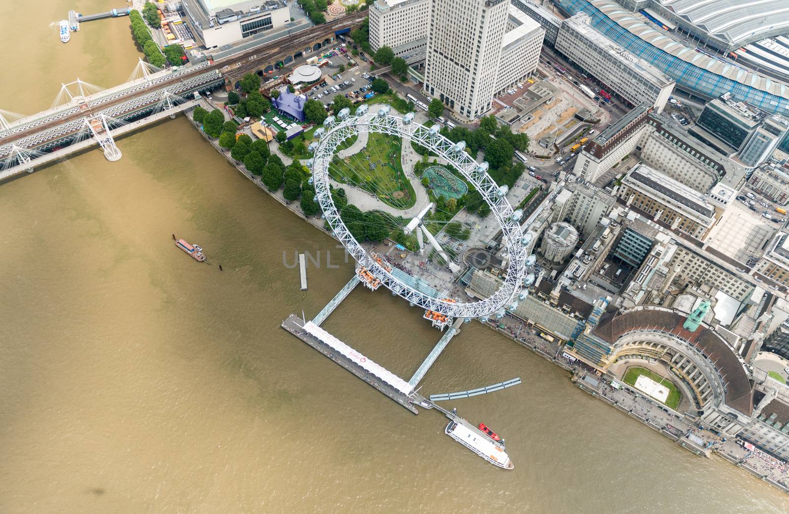 The London Eye and city skyline as seen from helicopter.