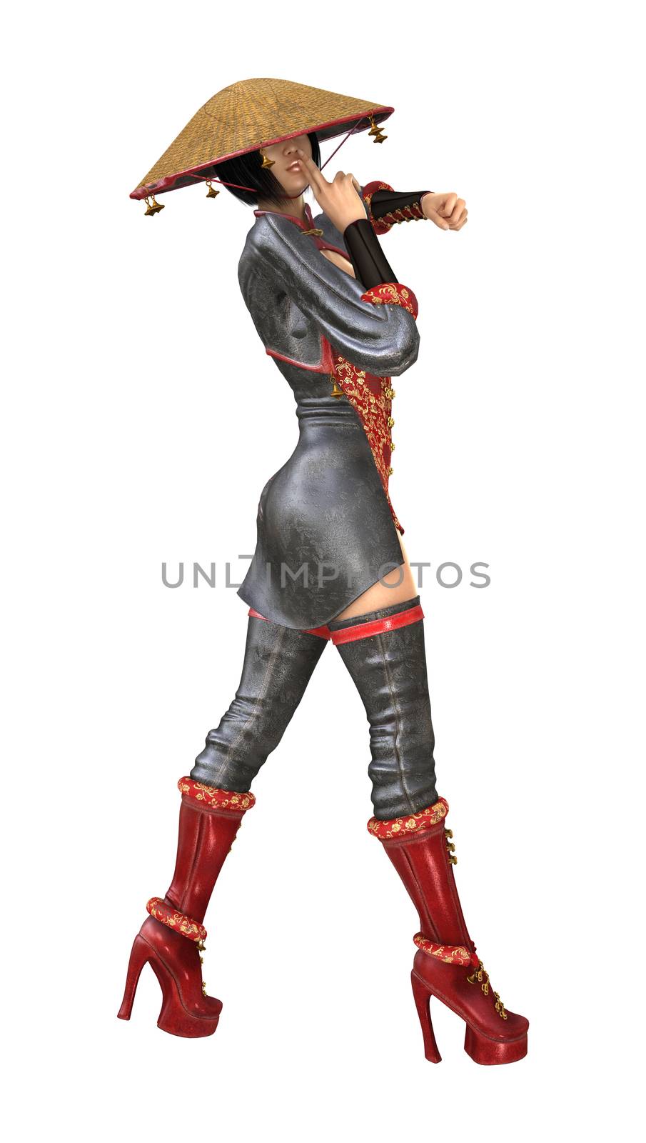 3D digital render of a beautiful Asian battle woman isolated on white background