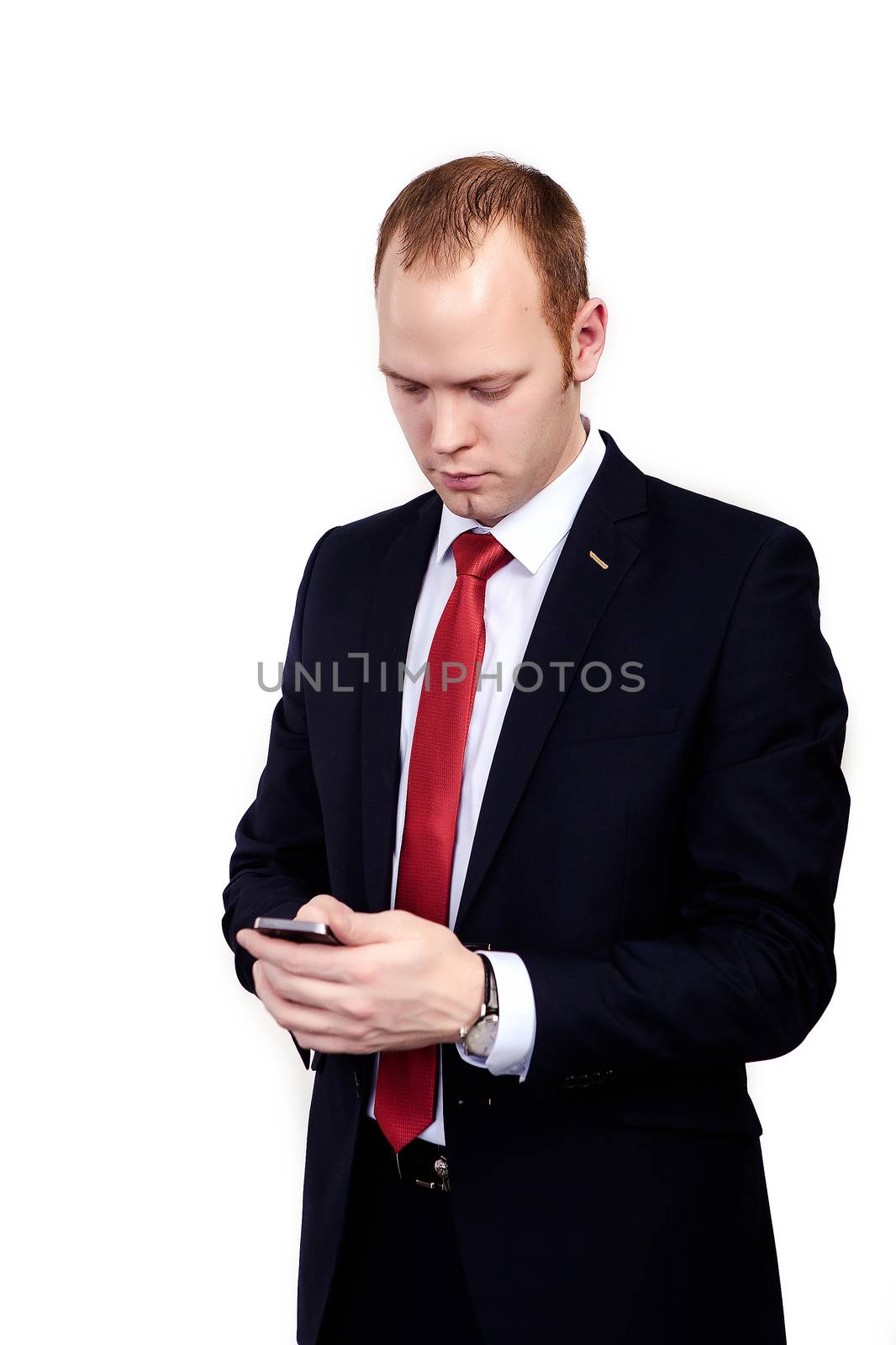 Boss with a red tie reads the message on your mobile phone. On an isolated white background.