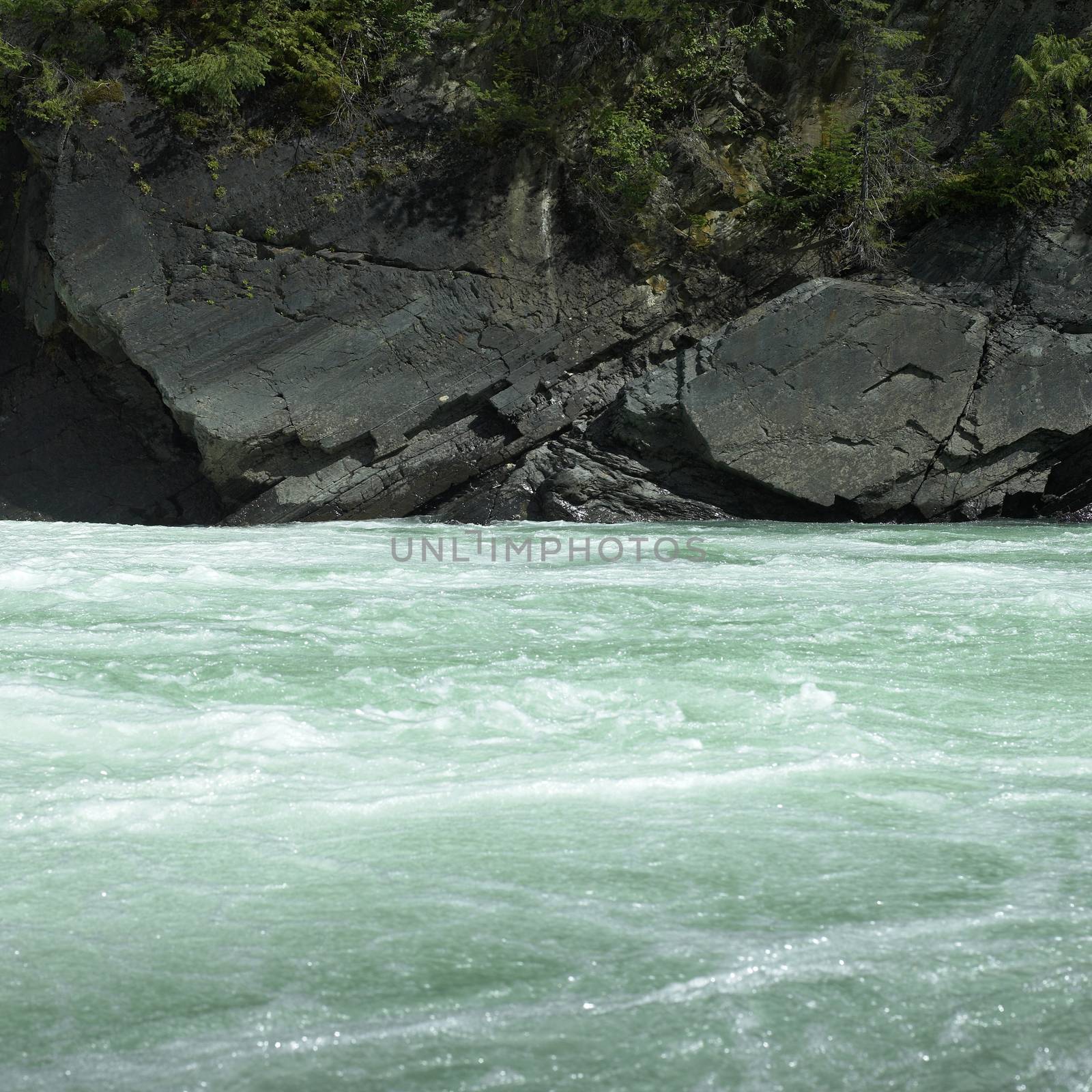 Green river water flowing near rocky edges