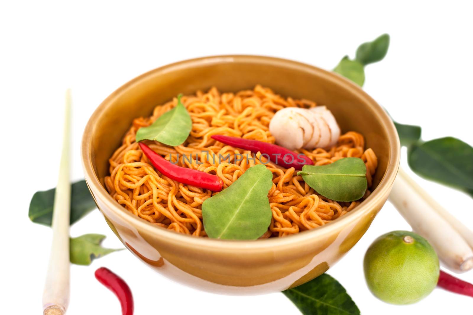 Hot spicy noodle with herb for healhty, isolated on white background