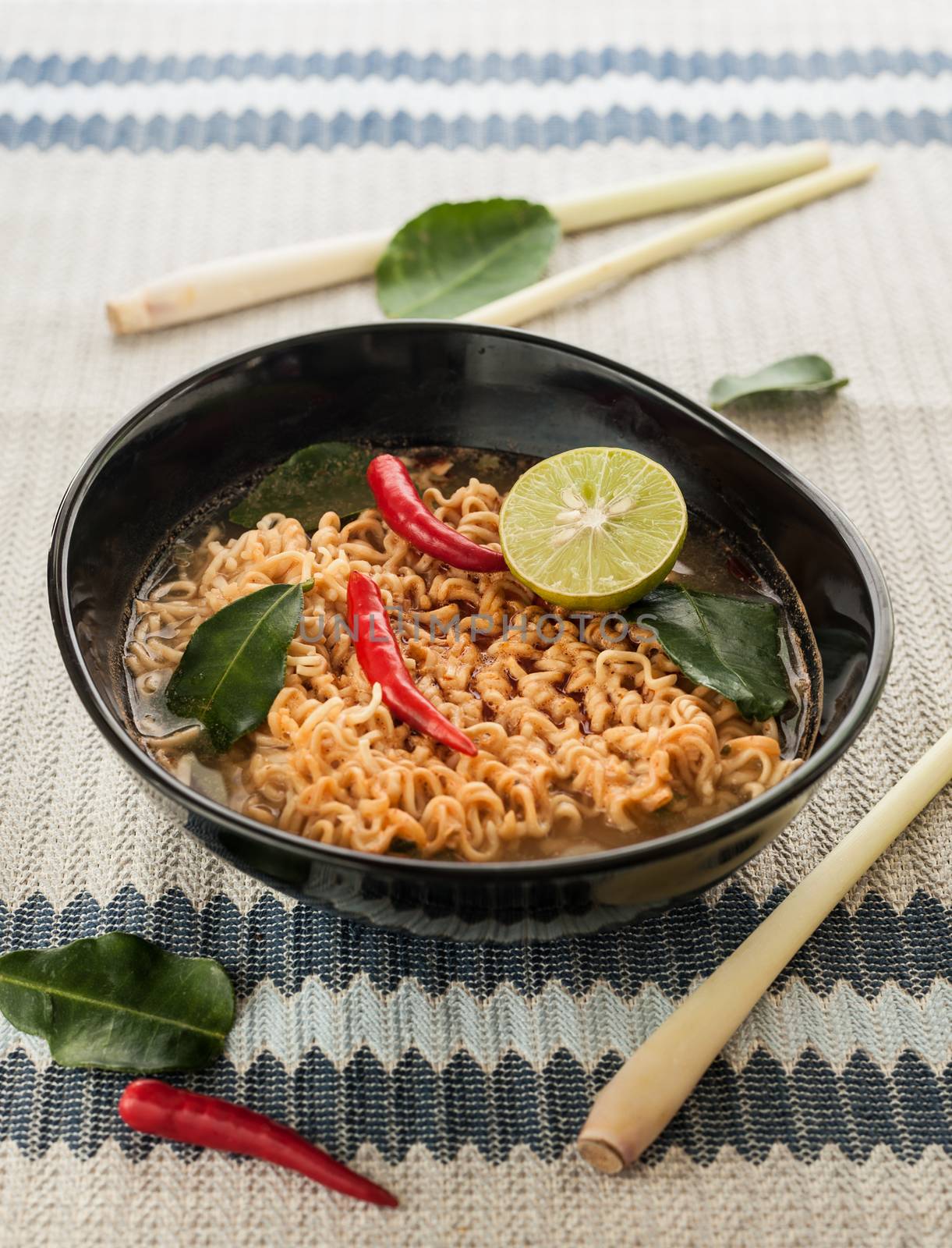 Hot spicy noodle with herb for healhty