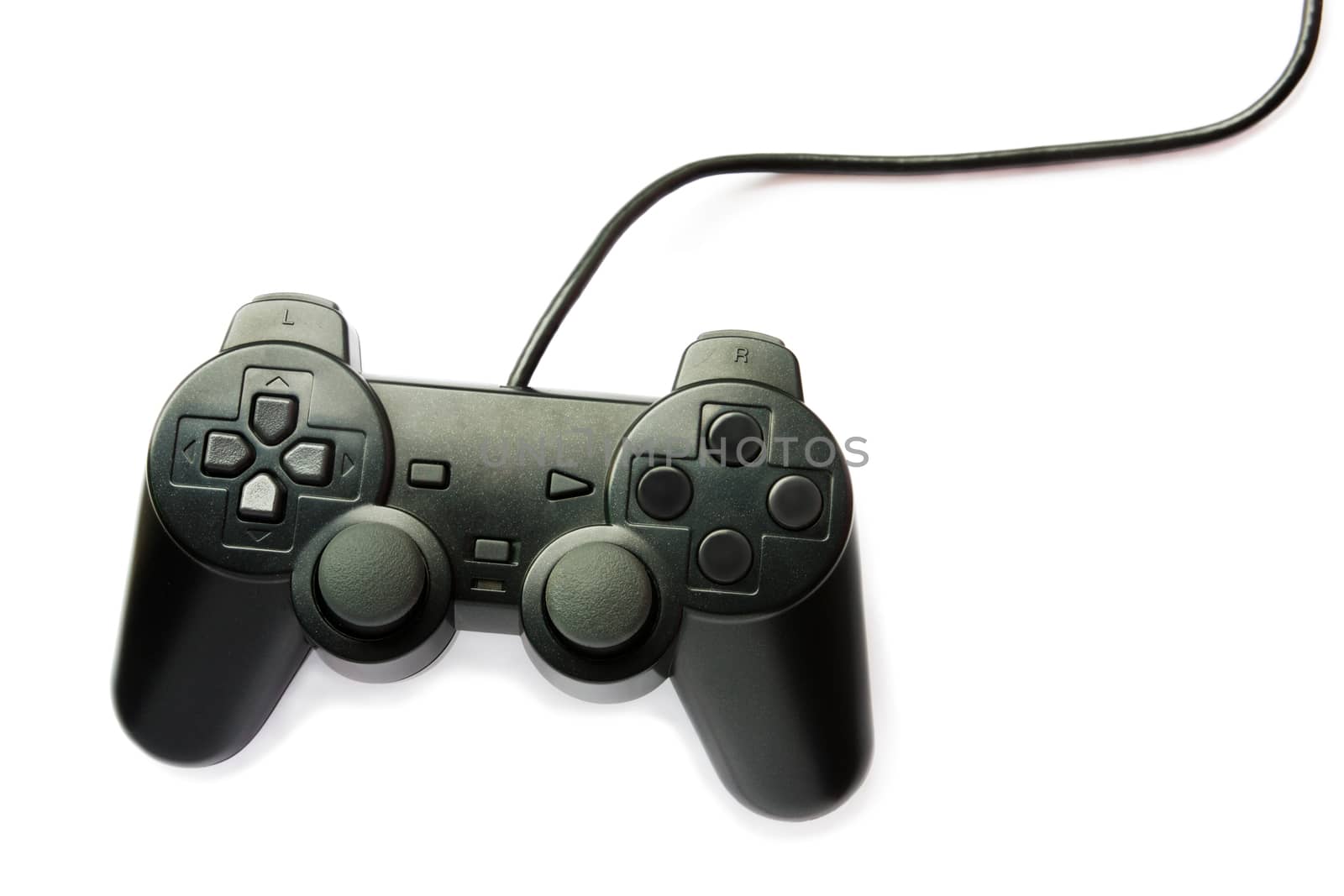 Black game controller isolated on white background