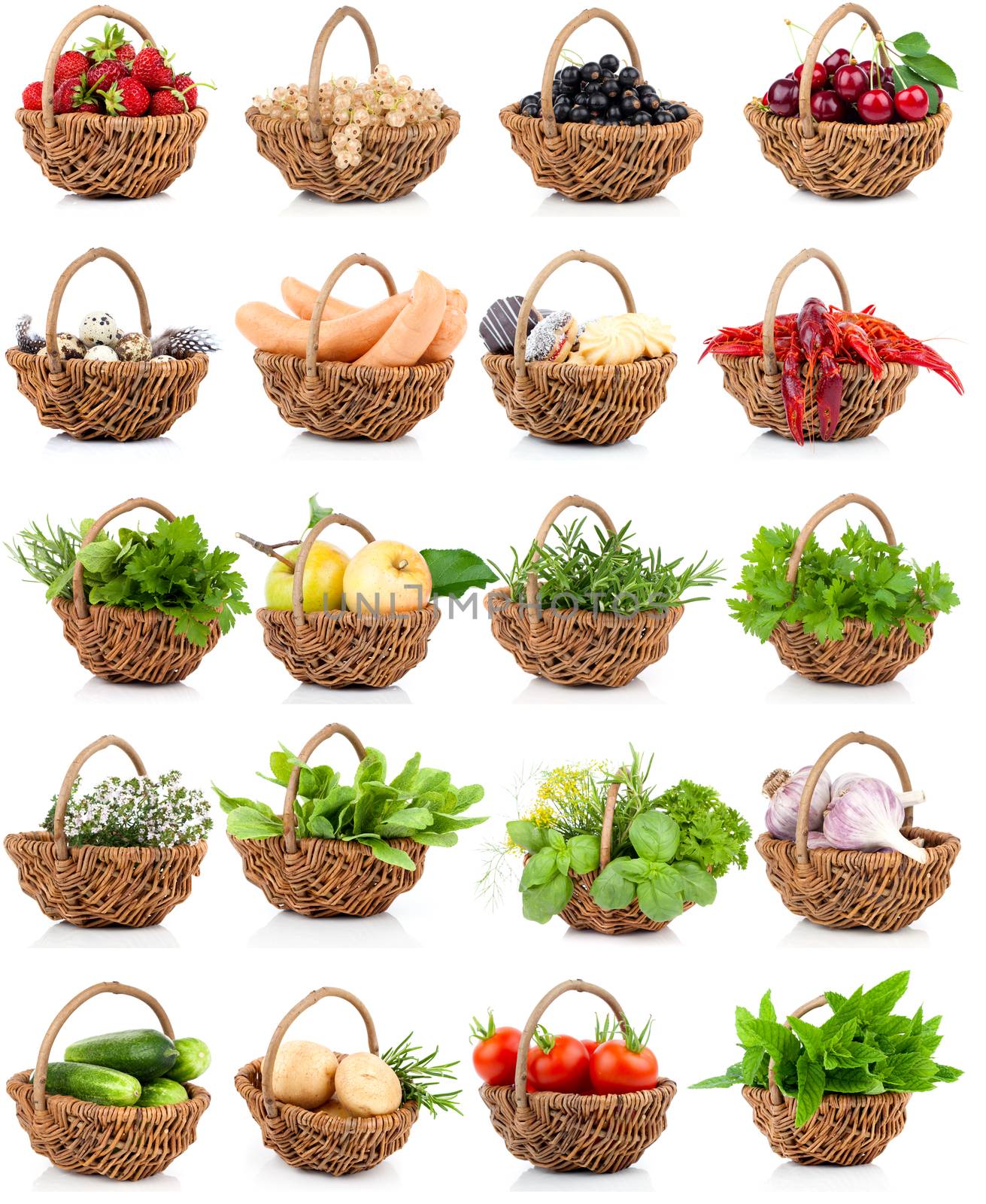 vegetation and food set in a wicker basket on a white background