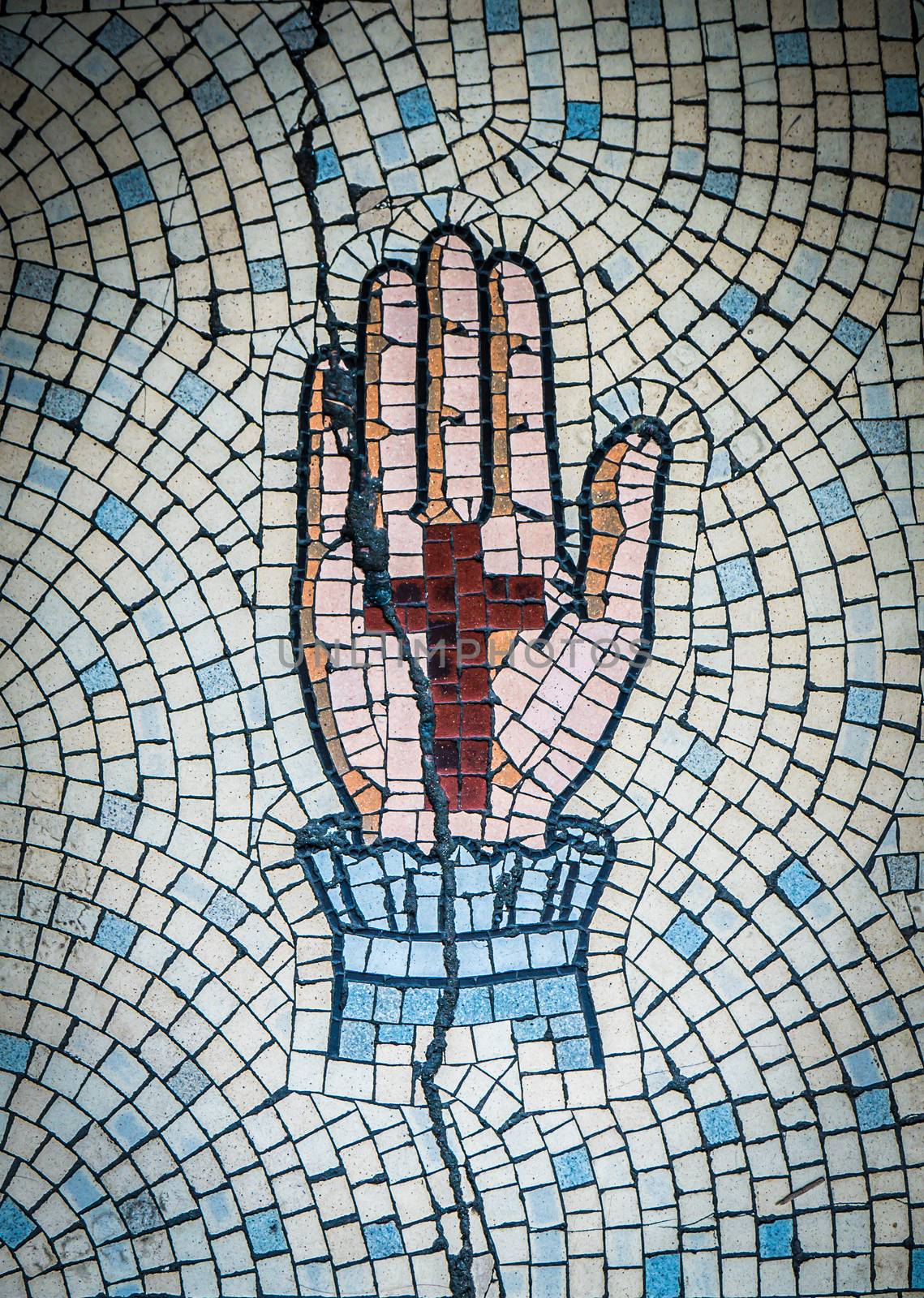Ancient Mosaic Tiles Of Hand And Crucifix In Crossmyloof Glasgow, Scotland, Uk