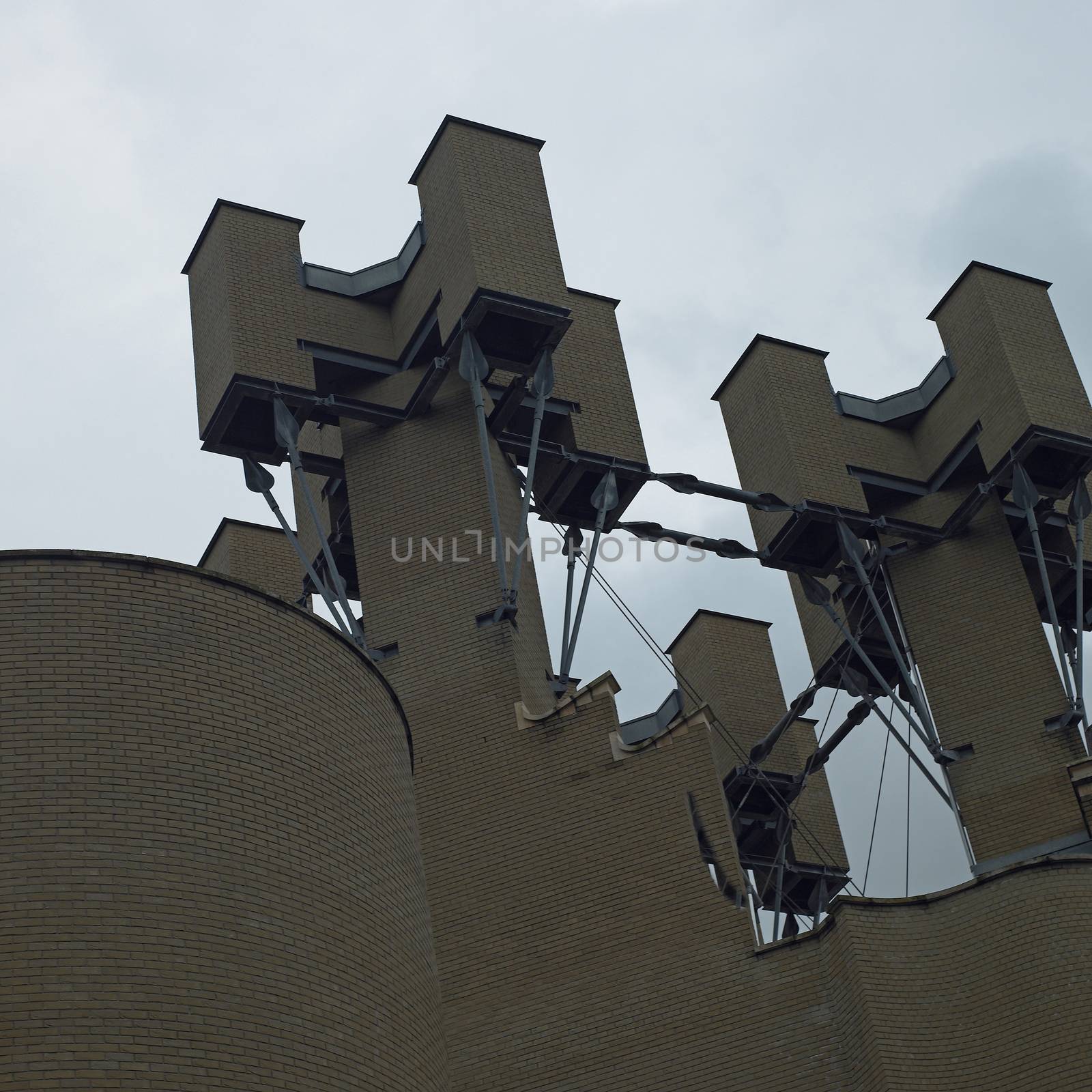 Modern geometric architecture of a brick building