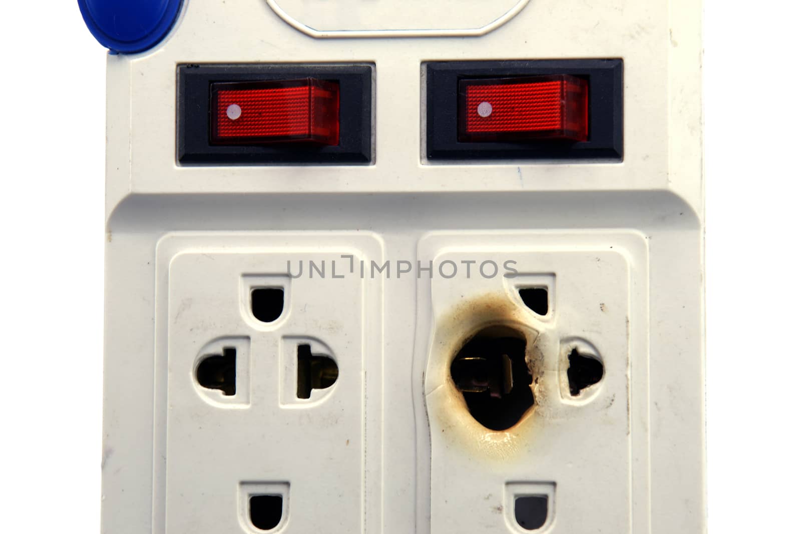 Dirty melted and burned electric outlet plug on white background by mranucha