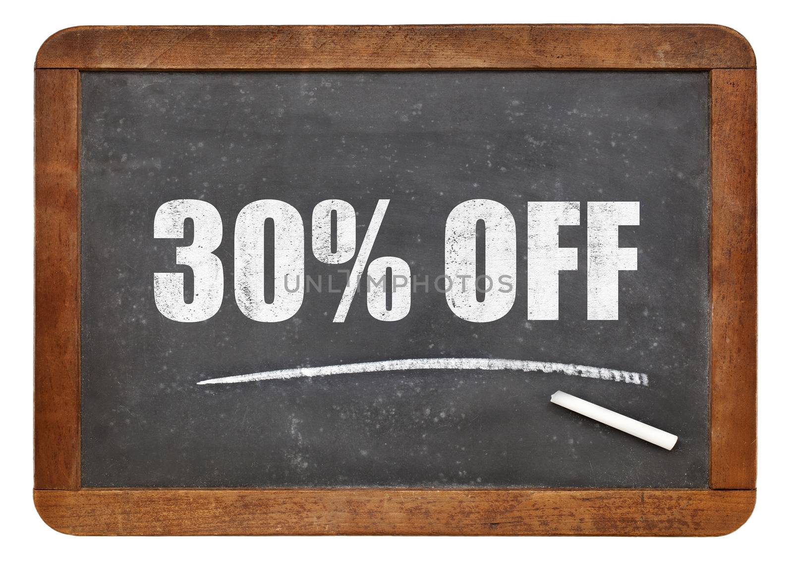 thirty  percent off - discount sign - white chalk text on an isolated  vintage slate blackboard