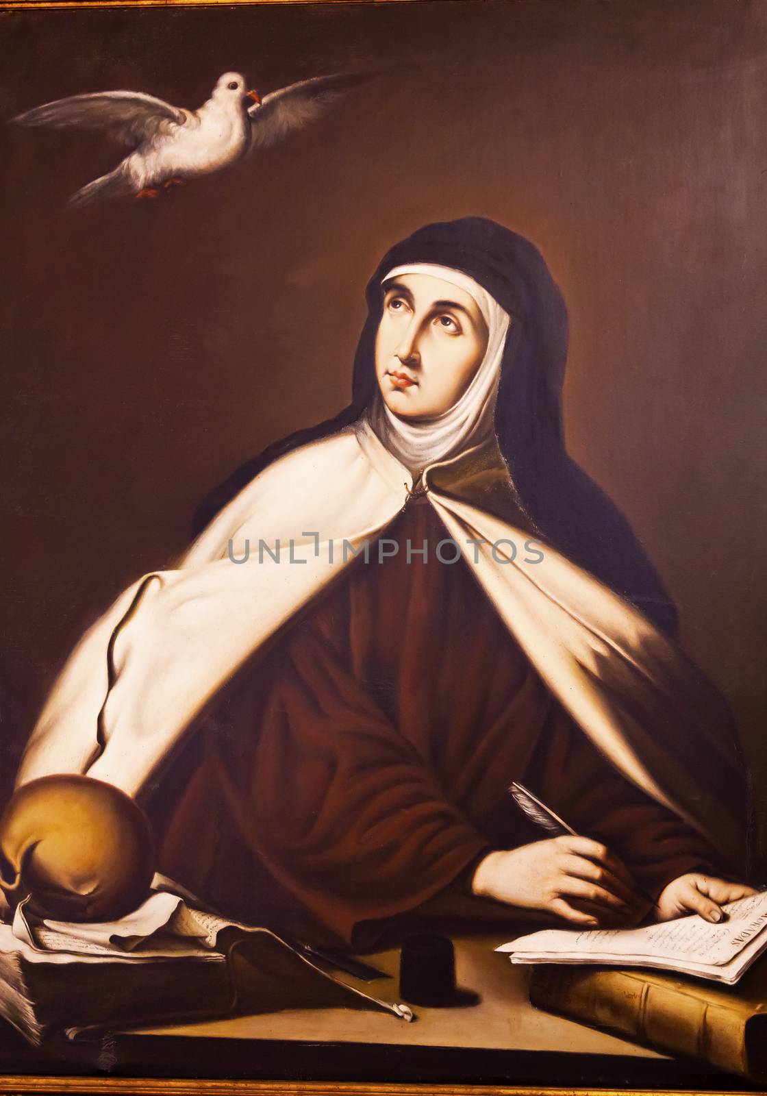 Saint Teresa Painting Convento de Santa Teresa Avila Castile Spain.  Convent founded in 1636 for Saint Teresa, Catholic nun, Counterreformation author, and Spanish mystic, who founded the Carmelite order. Died in 1582 and made a saint in 1614.