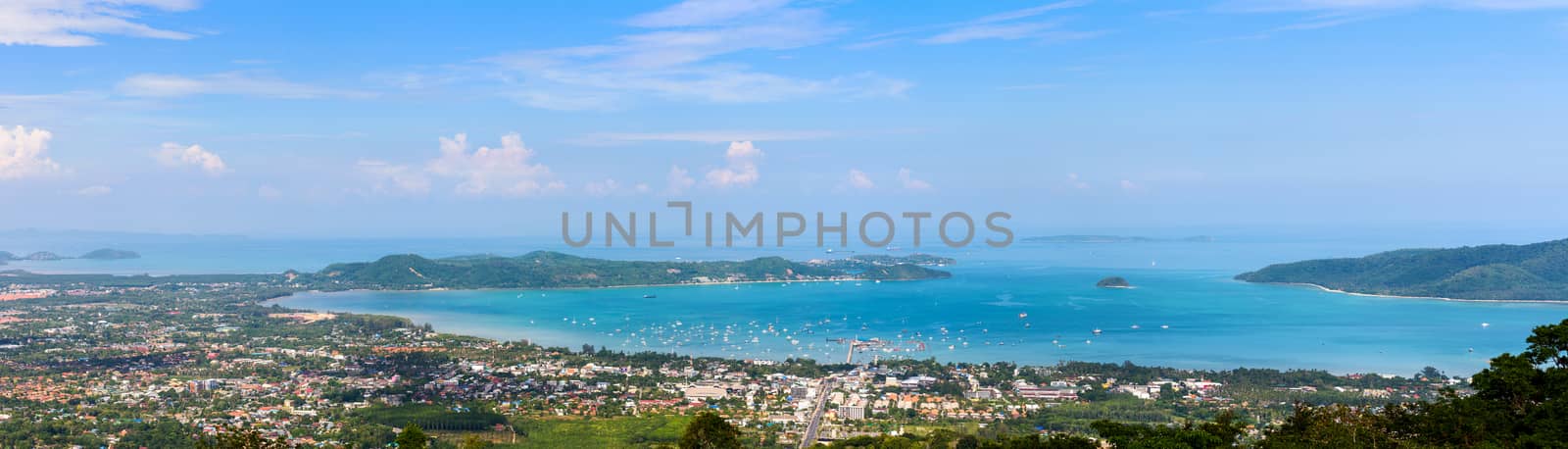 High angle view beautiful panorama landscape of Ao Chalong bay and city sea side in Phuket Province, Thailand