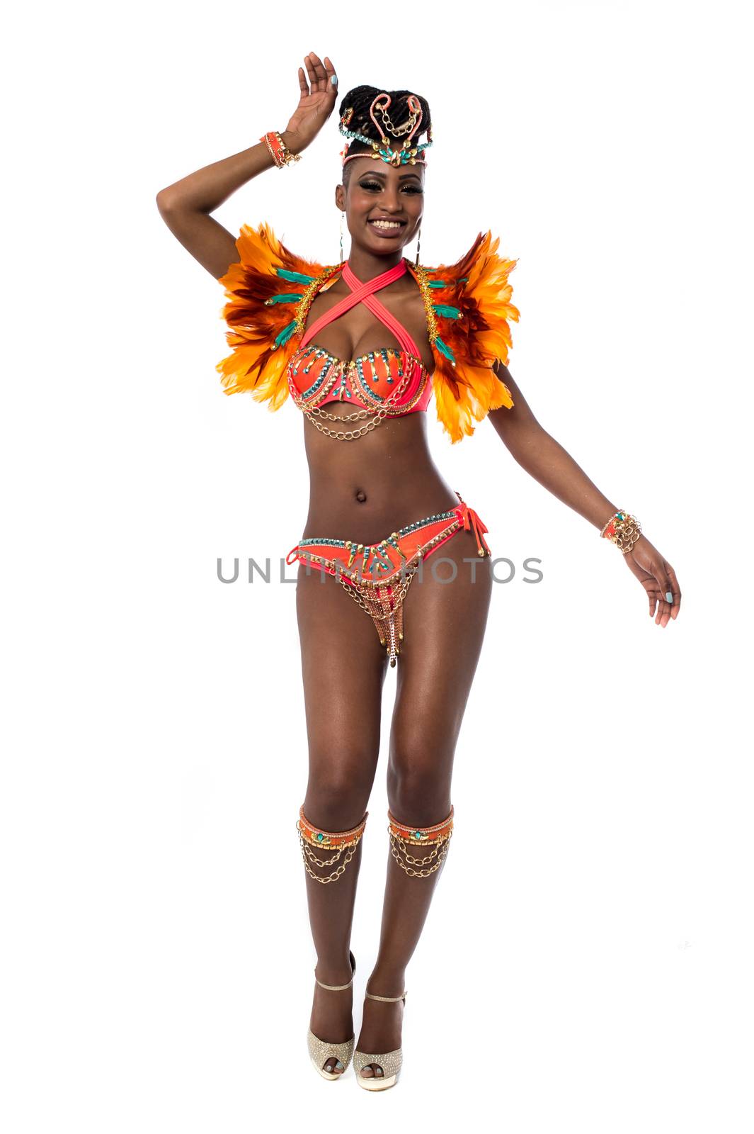 Cheerful samba woman dancing on white background